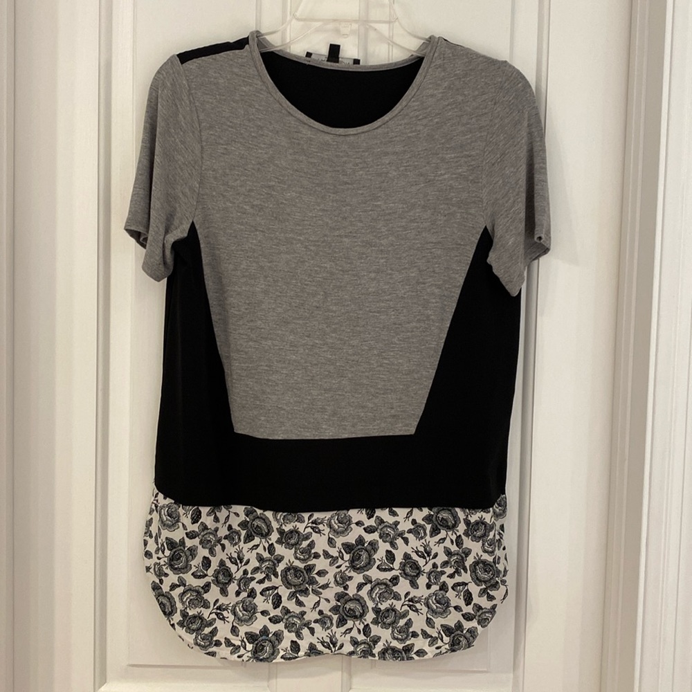 Thakoon Women’s Short Sleeve Gray Black White Color Blocking Unique Tunic Top